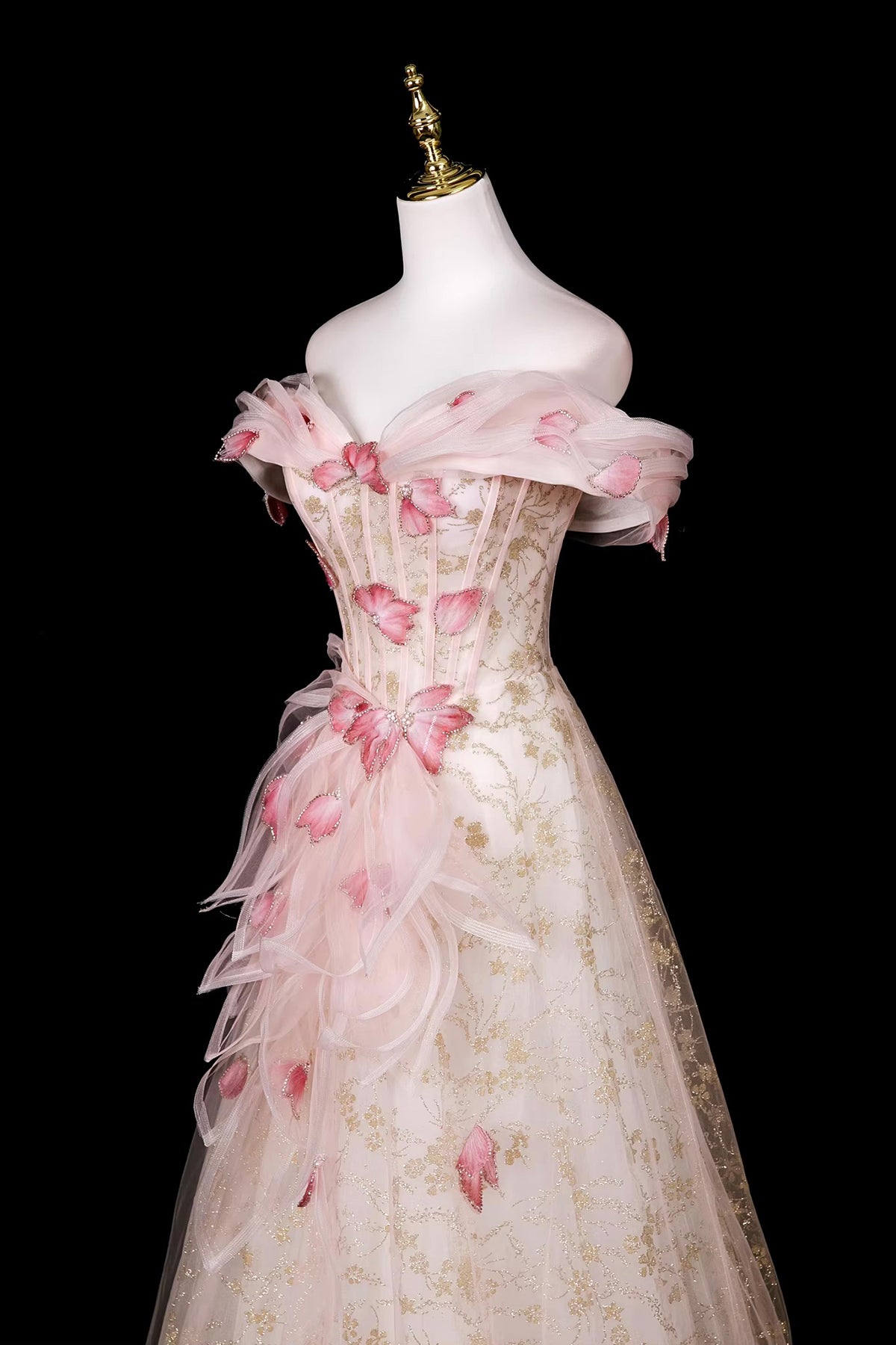 Champagne Off Shoulder Snowflake Tulle Prom Gown | Sparkling Evening Dress