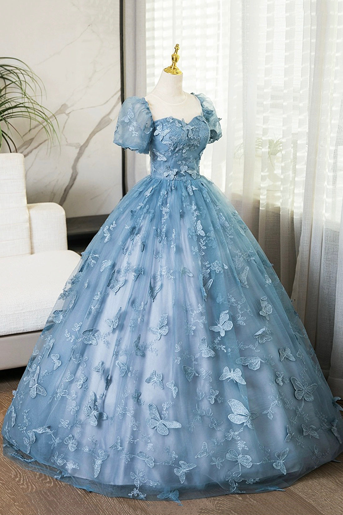 Blue Tulle Long A-Line Prom Dress with Butterfly Lace, Beautiful Short Sleeve Evening Dress