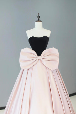 Black Velvet and Pink Satin Floor Length Prom Dress, Beautiful Strapless Evening Party Dress