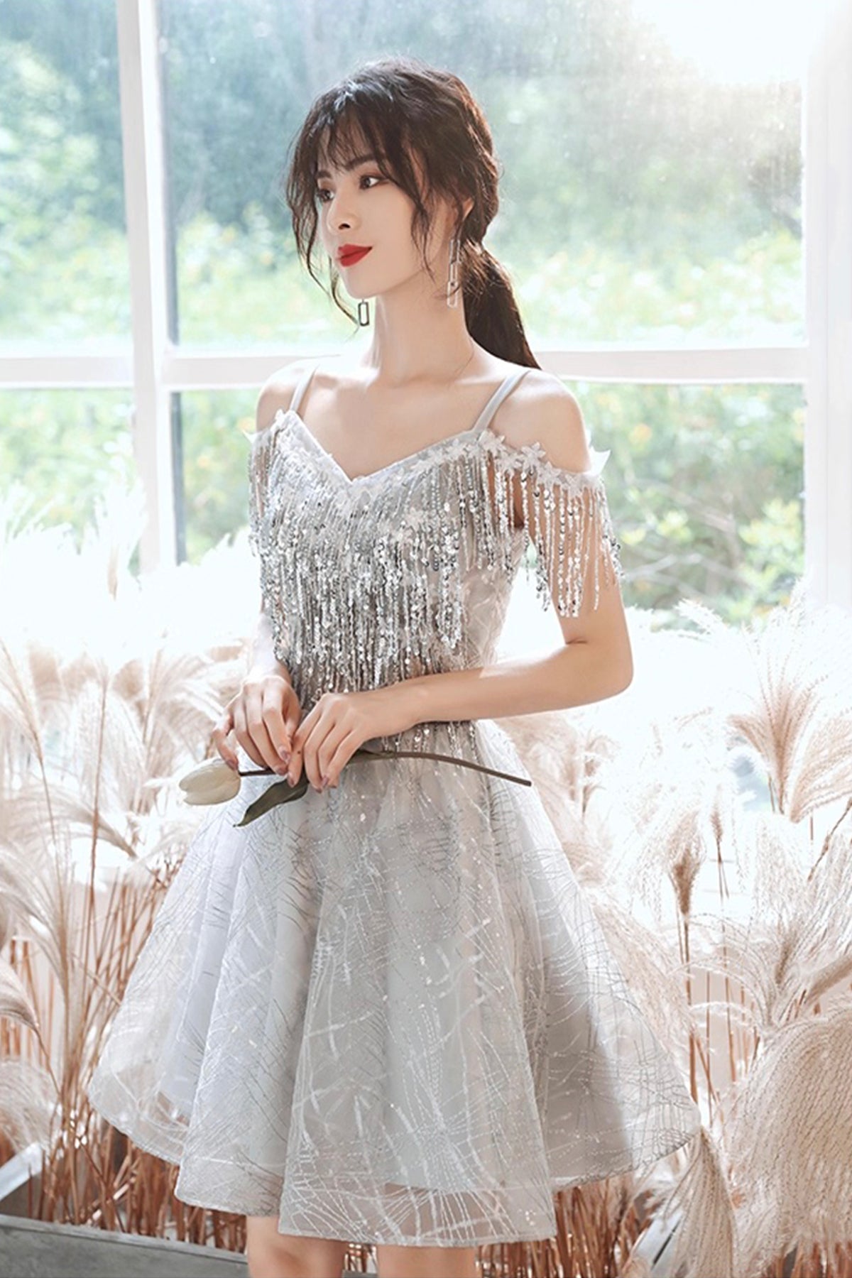 Gray Tulle Sequins Short Prom Dress, A-Line Knee Length Party Dress
