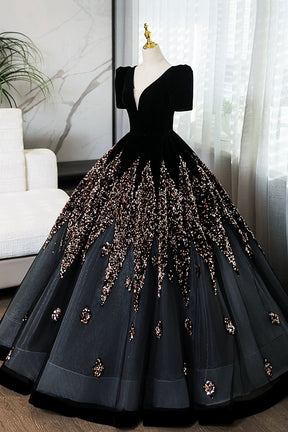 Elegant V-Neck Velvet and Sequins Floor Length Prom Dress, Black Short Sleeve Formal Dress