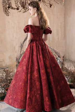 Burgundy Printed Floor Length Prom Dress, A-Line Off the Shoulder Formal Evening Dress