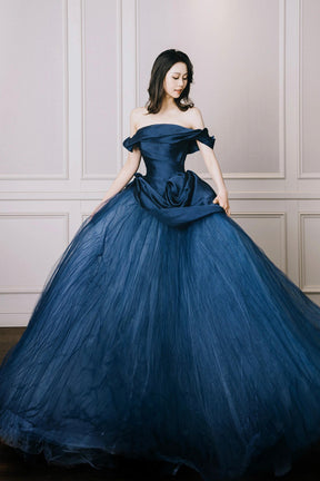 Blue Tulle Long Prom Dress, Elegant Off the Shoulder Evening Party Dress