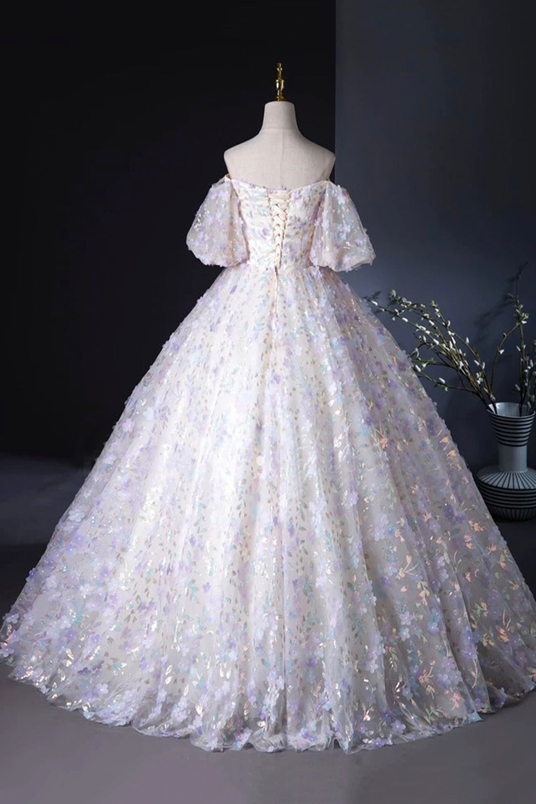 Beautiful Floral Tulle Pearl Sequins Prom Dress, A-Line Puffy Short Sl Beautiful Floral Tulle Pearl Sequins Prom Dress, A-Line Puffy Short Sl