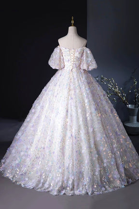 Beautiful Floral Tulle Pearl Sequins Prom Dress, A-Line Puffy Short Sleeve Evening Party Dress