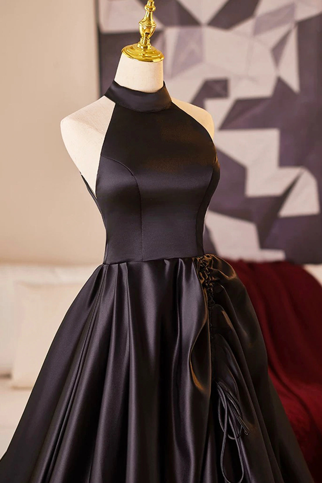 Black Halter Satin Long Prom Dress, Elegant A-Line Backless Party Dress