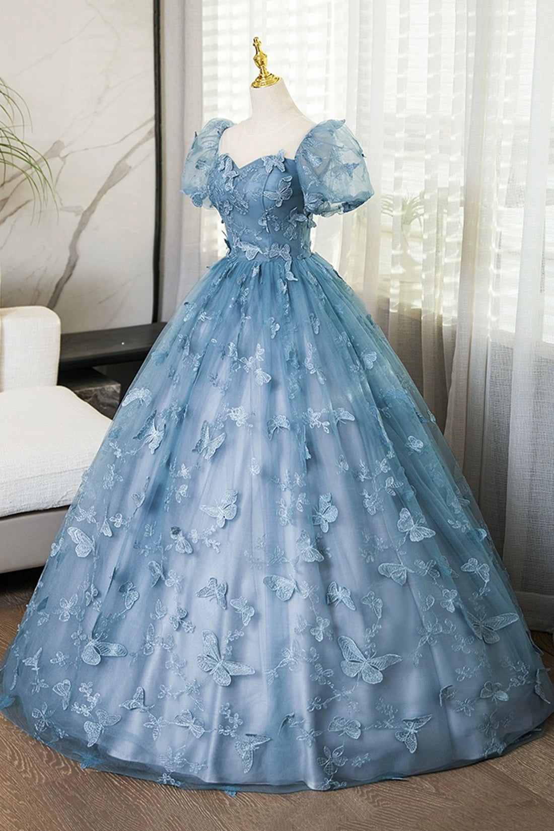 Blue Tulle Long A-Line Prom Dress with Butterfly Lace, Beautiful Short Sleeve Evening Dress