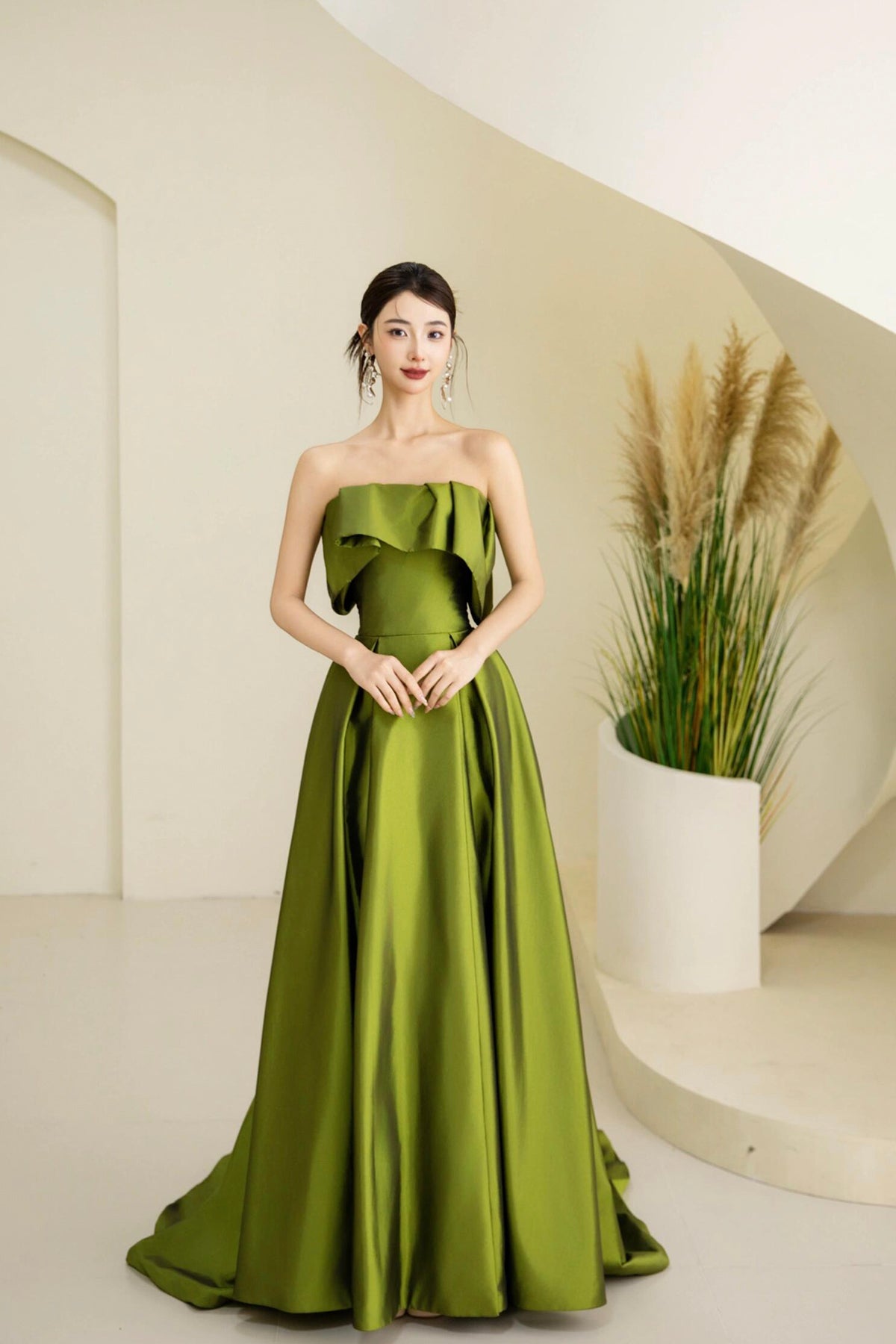 Green Satin Long Prom Dress, Cute A-Line Off the Shoulder Evening Dress