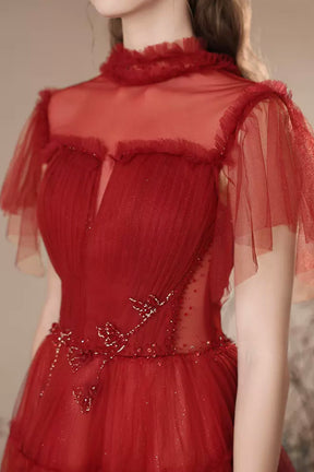 Lovely Tulle Beaded Floor Length Prom Dress, Beautiful Dark Red A-Line Evening Dress