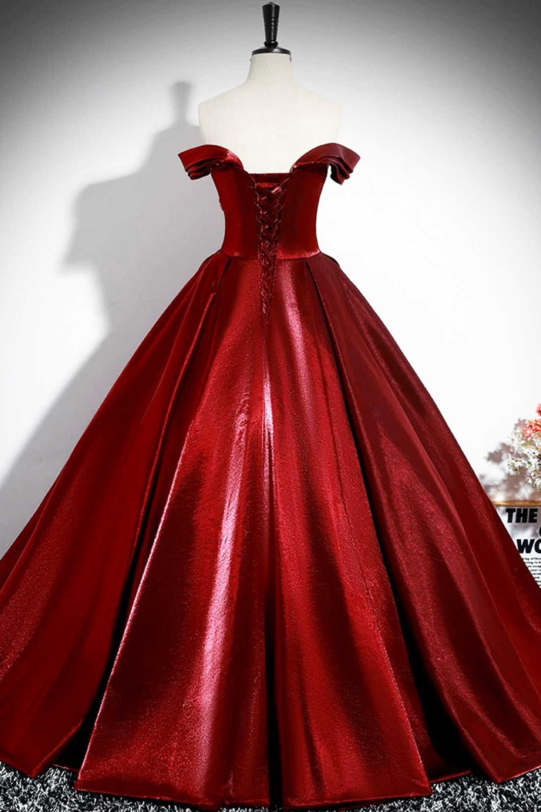 Burgundy Satin Floor Length Formal Gown, Elegant Off the Shoulder Party Dress