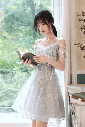 Gray Tulle Sequins Short Prom Dress, A-Line Knee Length Party Dress