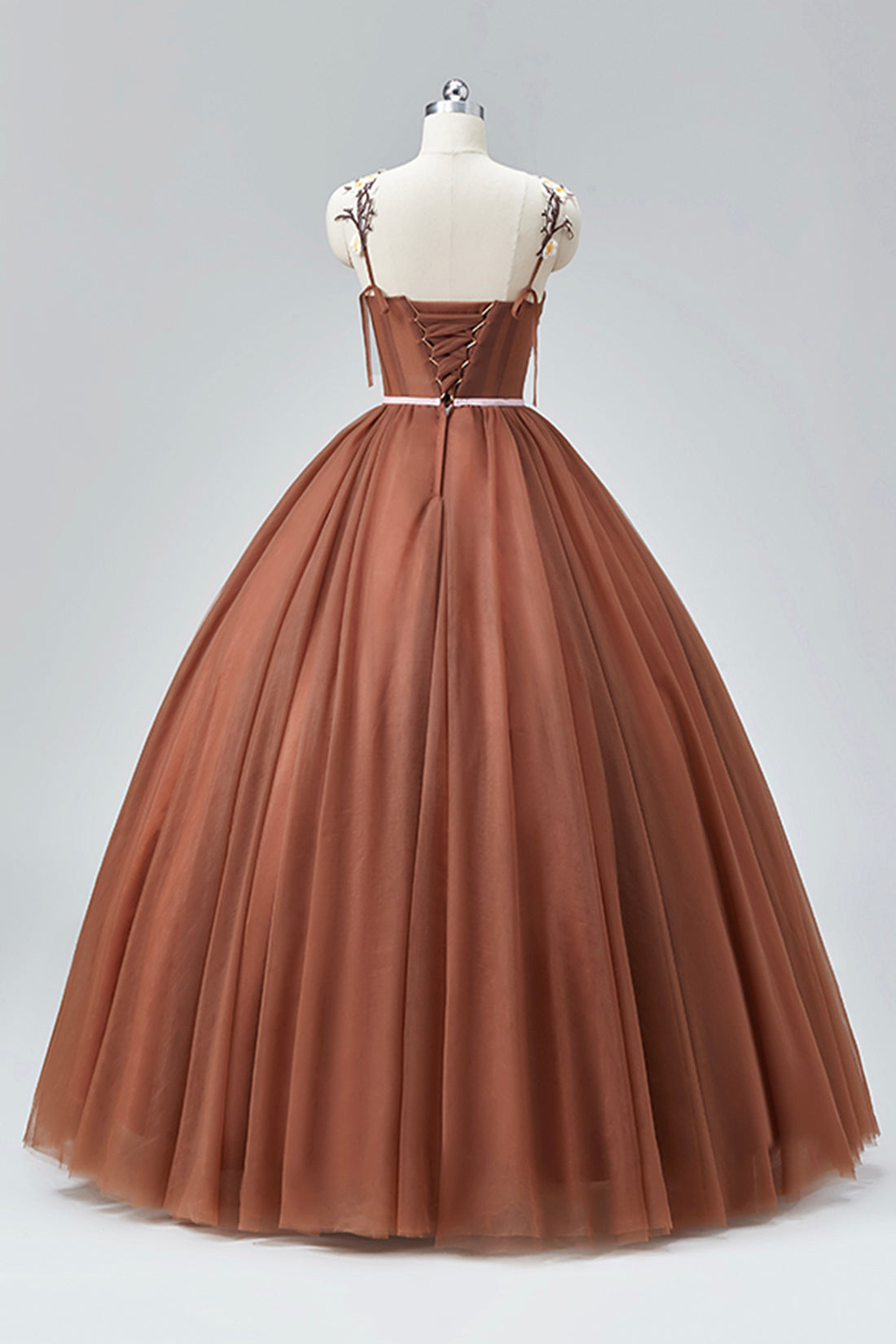 Brown Tulle Lace Long Prom Dress, Beautiful A-Line Spaghetti Strap Evening Party Dress