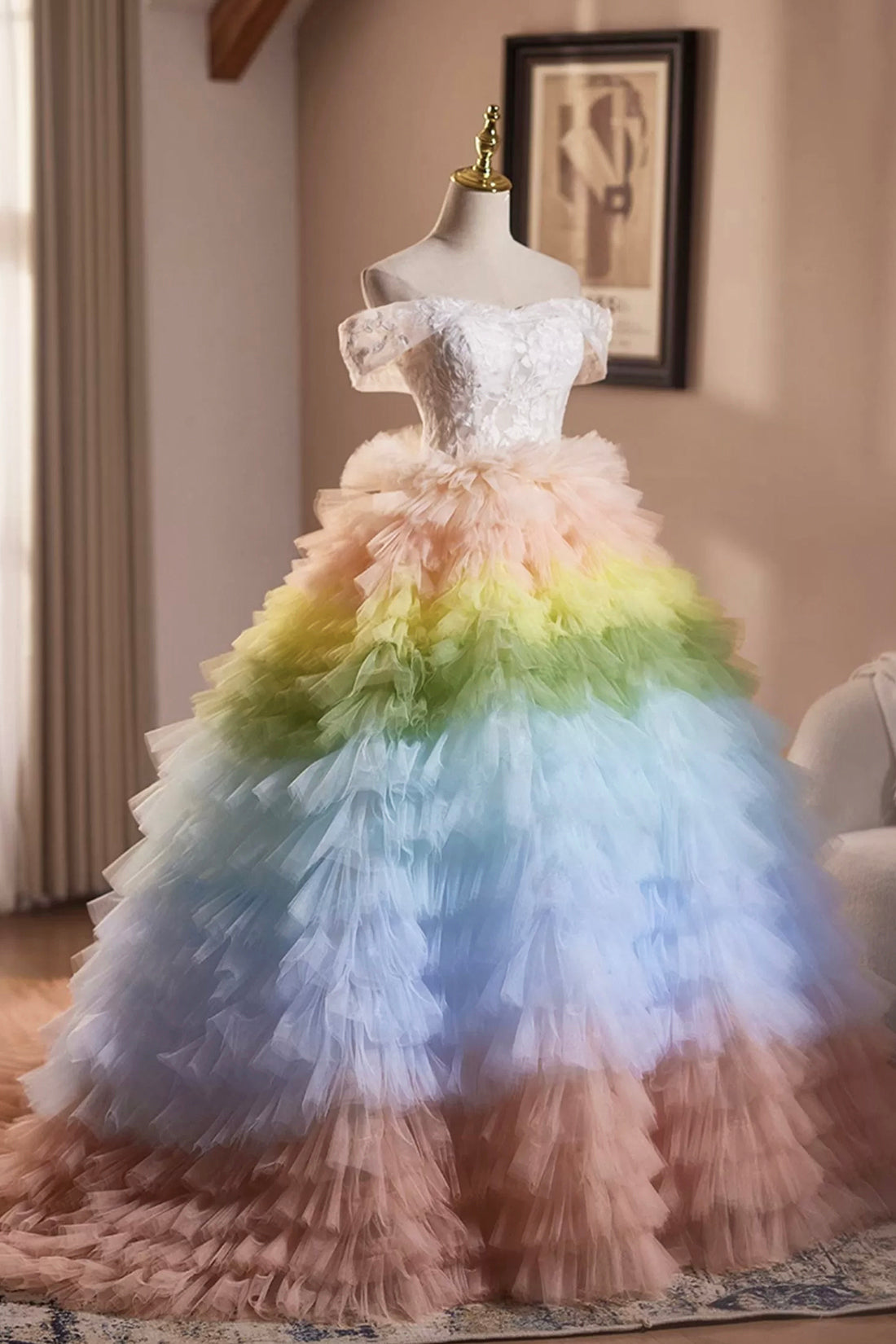 Pretty Colorful Tulle Long Prom Dress, Off the Shoulder Lace Formal Dress