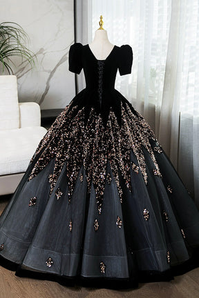 Elegant V-Neck Velvet and Sequins Floor Length Prom Dress, Black Short Sleeve Formal Dress