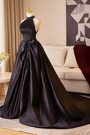 Black Halter Satin Long Prom Dress, Elegant A-Line Backless Party Dress