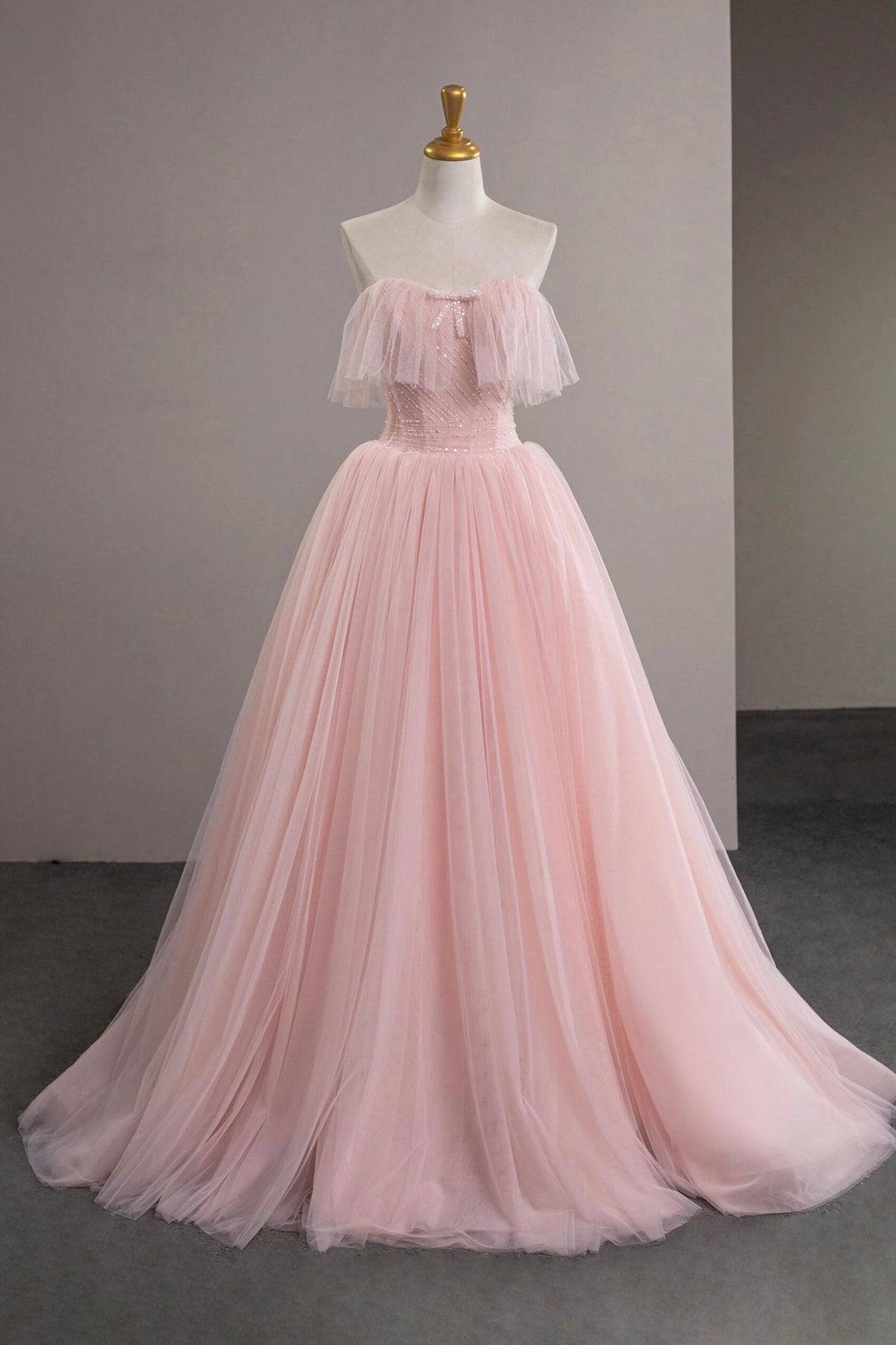 Pink Tulle Beads Long Prom Dress, Beautiful Off the Shoulder Party Dress