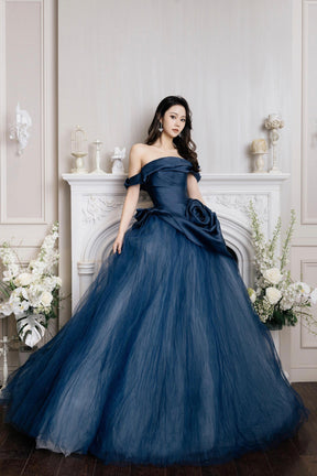 Blue Tulle Long Prom Dress, Elegant Off the Shoulder Evening Party Dress