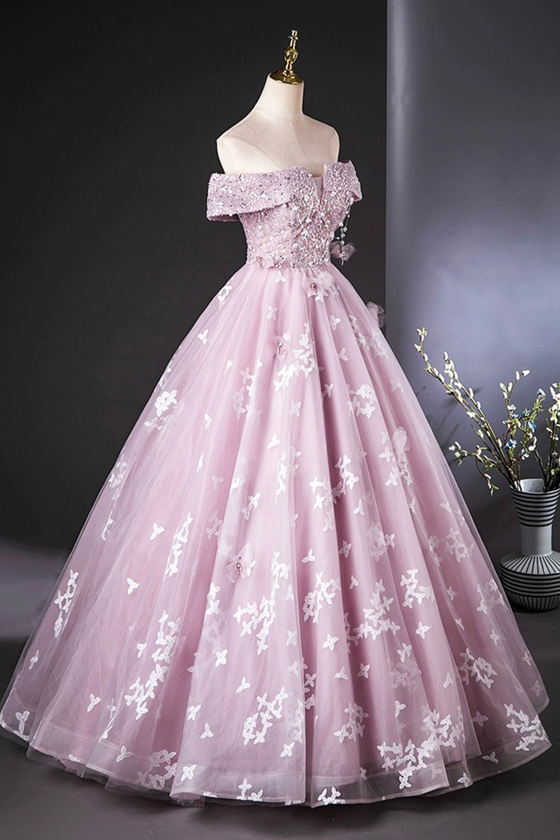 Purple Tulle Lace Long Formal Dress, Lovely A-Line Off the Shoulder Evening Party Dress