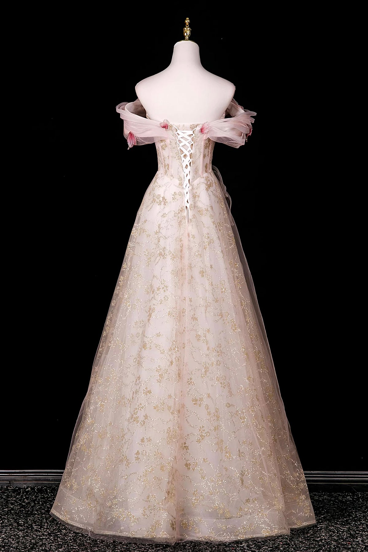 Champagne Off Shoulder Snowflake Tulle Prom Gown | Sparkling Evening Dress
