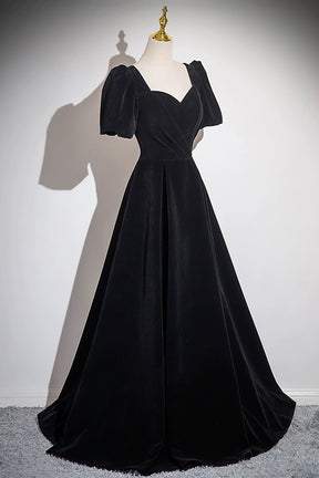 Black Velvet Floor Length Prom Dress, A-Line Short Sleeve Evening Party Dress