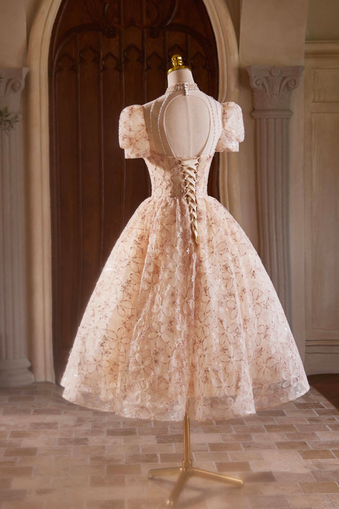 short tea dresses Satin And Lace Tea Length Party Dress With Short Sleeves - $60.48 #S1606