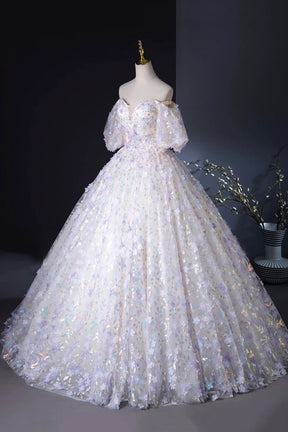 Beautiful Floral Tulle Pearl Sequins Prom Dress, A-Line Puffy Short Sleeve Evening Party Dress