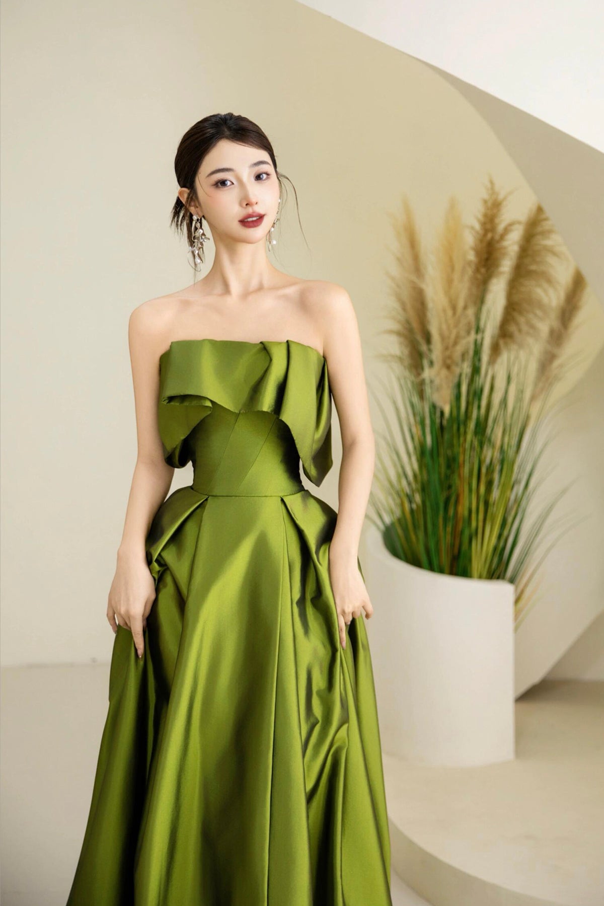 Green Satin Long Prom Dress, Cute A-Line Off the Shoulder Evening Dress