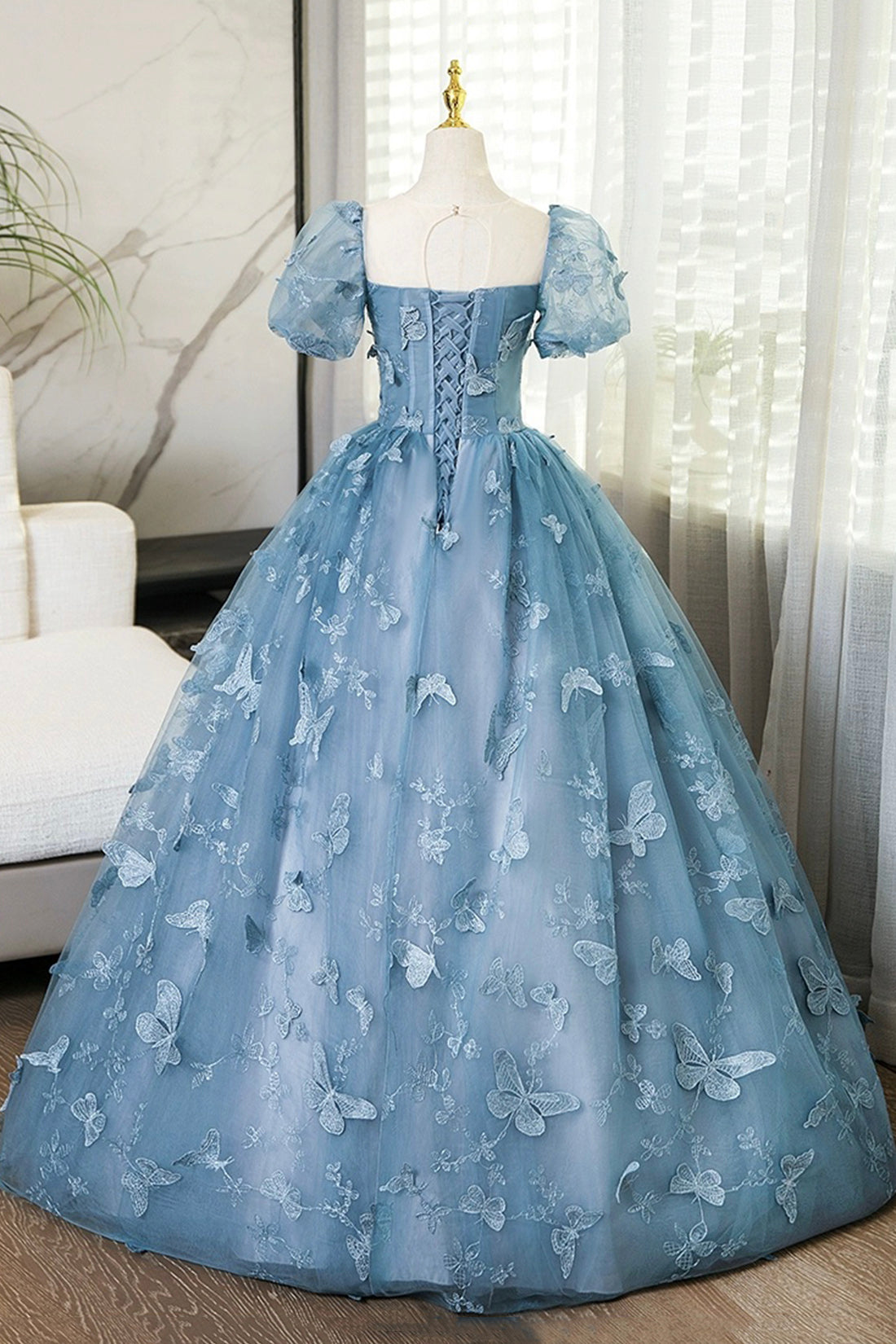 Blue Tulle Long A-Line Prom Dress with Butterfly Lace, Beautiful Short Blue Tulle Long A-Line Prom Dress with Butterfly Lace, Beautiful Short