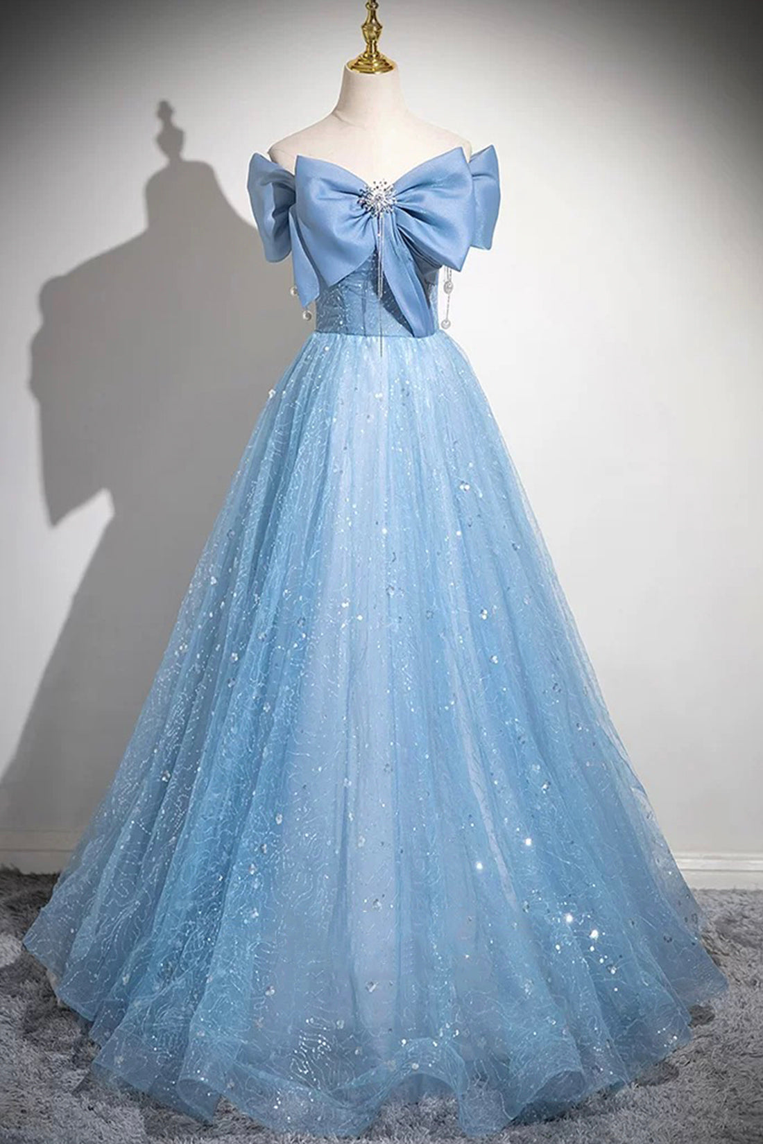Light Blue Tulle Sequins Long Prom Dress, A-Line Off Shoulder Evening