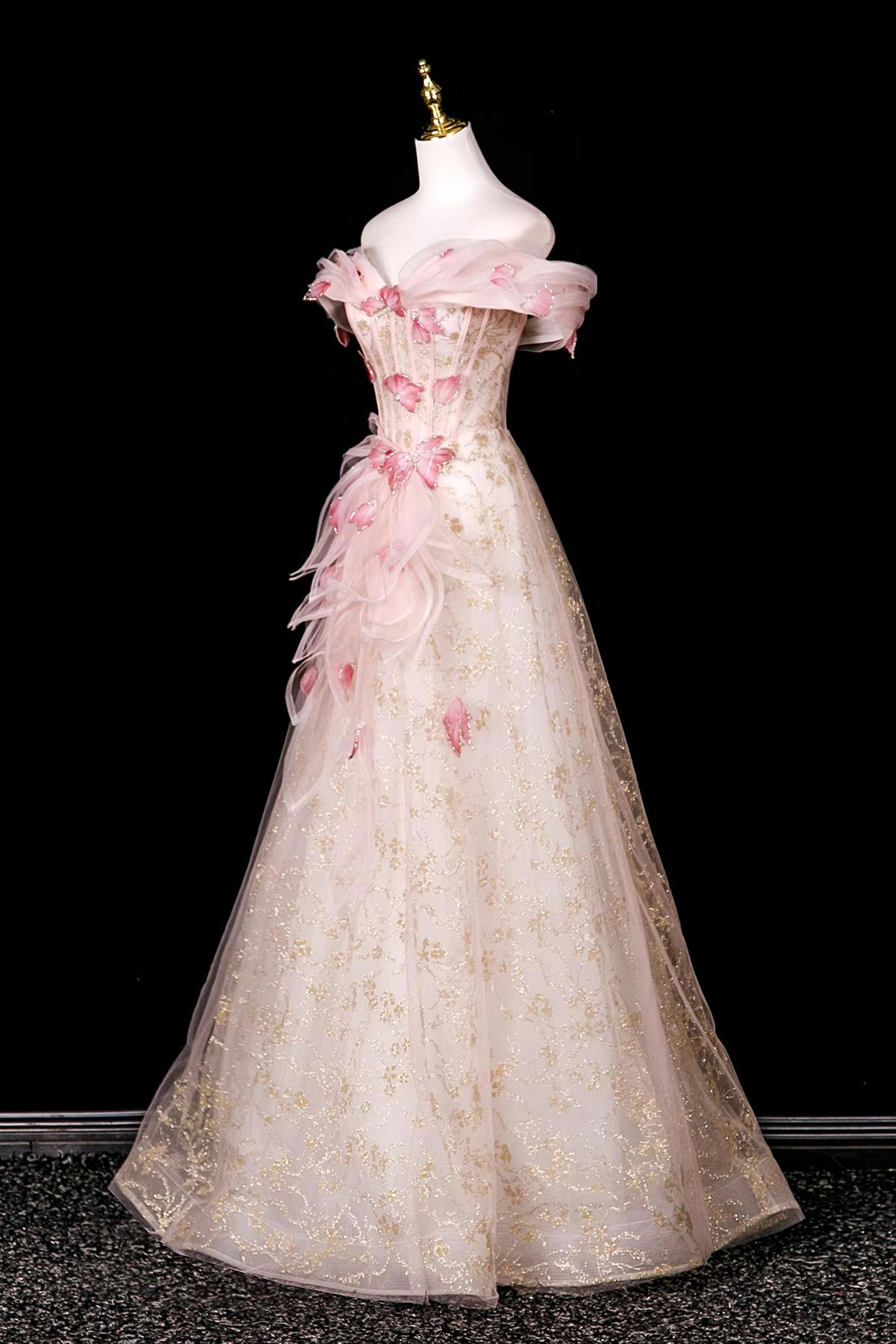 Champagne Off Shoulder Snowflake Tulle Prom Gown | Sparkling Evening Dress