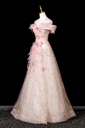 Champagne Off Shoulder Snowflake Tulle Prom Gown | Sparkling Evening Dress