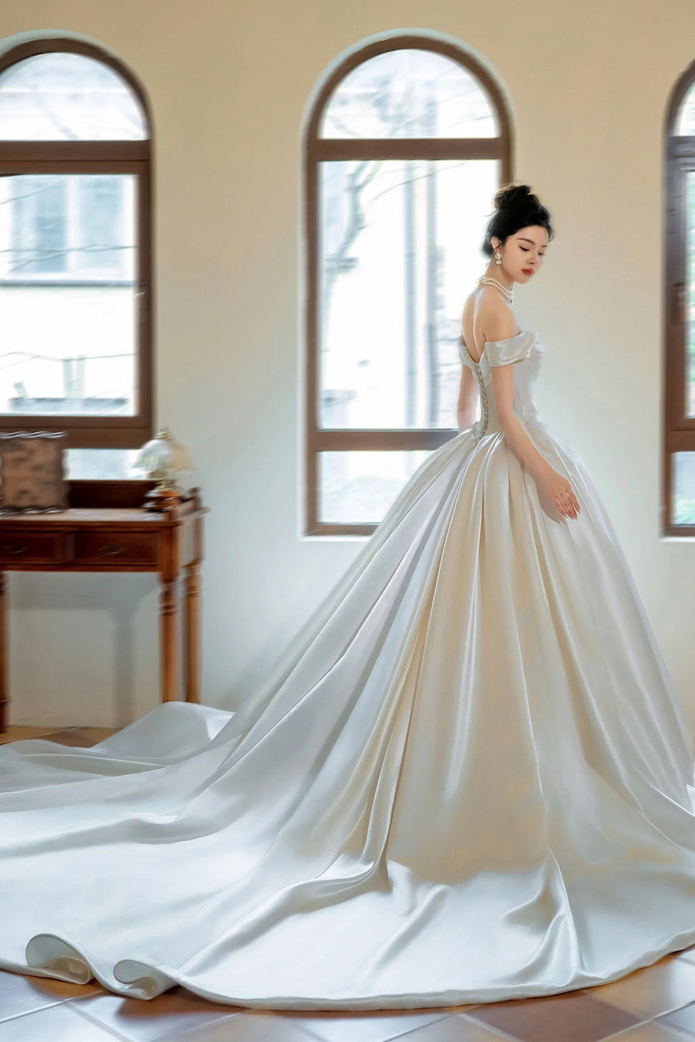Off-Shoulder Satin Sheath Long Gown Champagne