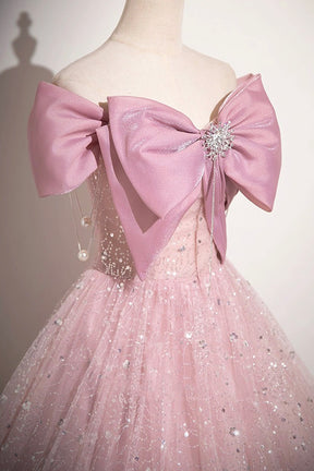 Pink Tulle Sequins Long A-Line Prom Dress, Pink Off Shoulder Evening Dress