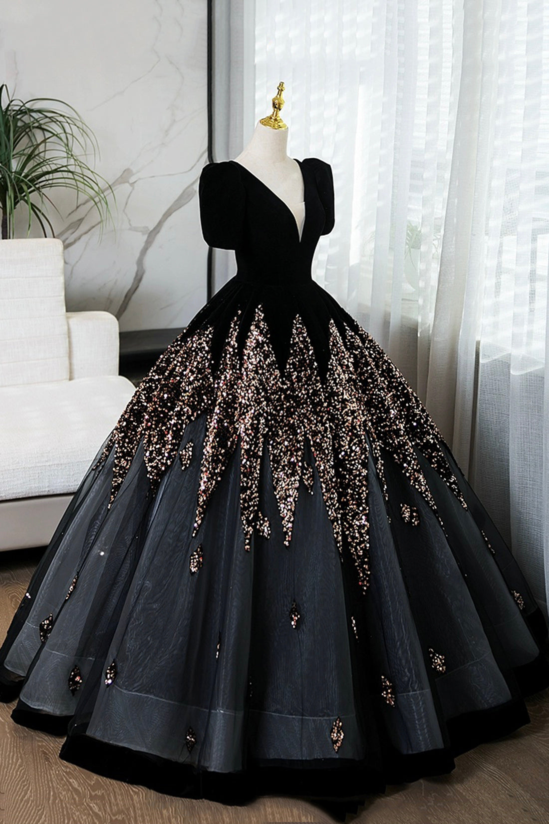 Elegant V-Neck Velvet and Sequins Floor Length Prom Dress, Black Short Sleeve Formal Dress