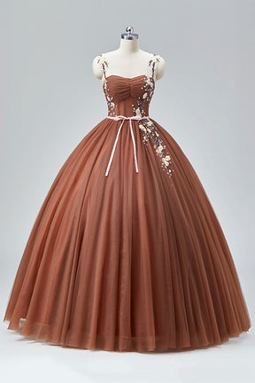 Brown Tulle Lace Long Prom Dress, Beautiful A-Line Spaghetti Strap Evening Party Dress