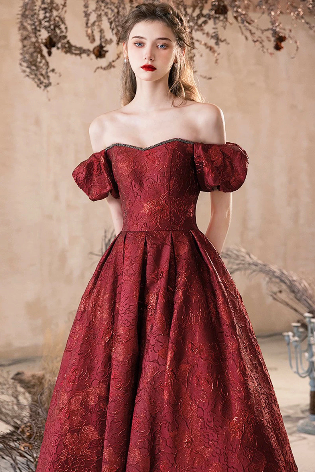 Burgundy Printed Floor Length Prom Dress, A-Line Off the Shoulder Formal Evening Dress