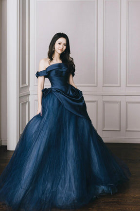 Blue Tulle Long Prom Dress, Elegant Off the Shoulder Evening Party Dress