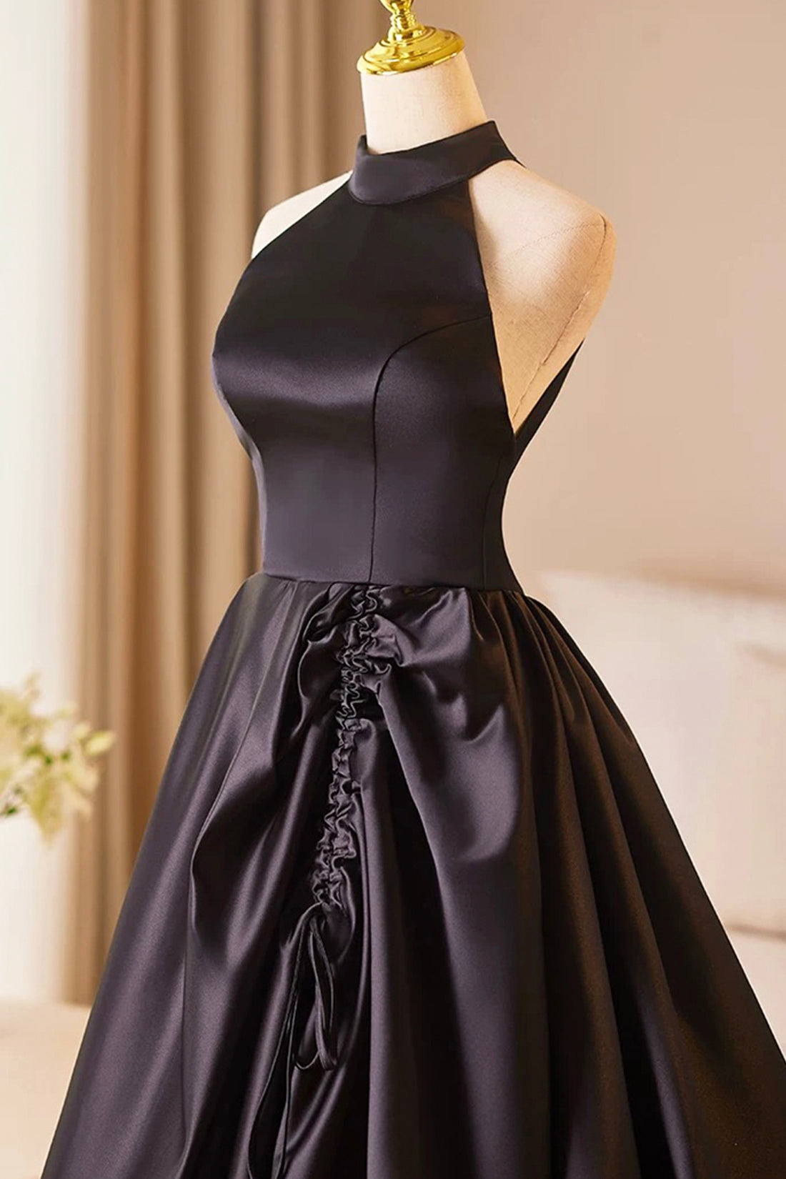 Black Halter Satin Long Prom Dress, Elegant A-Line Backless Party Dress