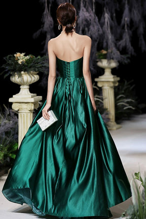 Dark Green Satin Long Prom Dress, Green A-Line Strapless Evening Dress
