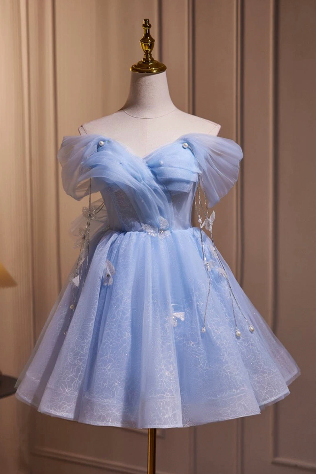 Blue Tulle Short Party Dress, Lovely A-Line Off Shoulder Prom Dress