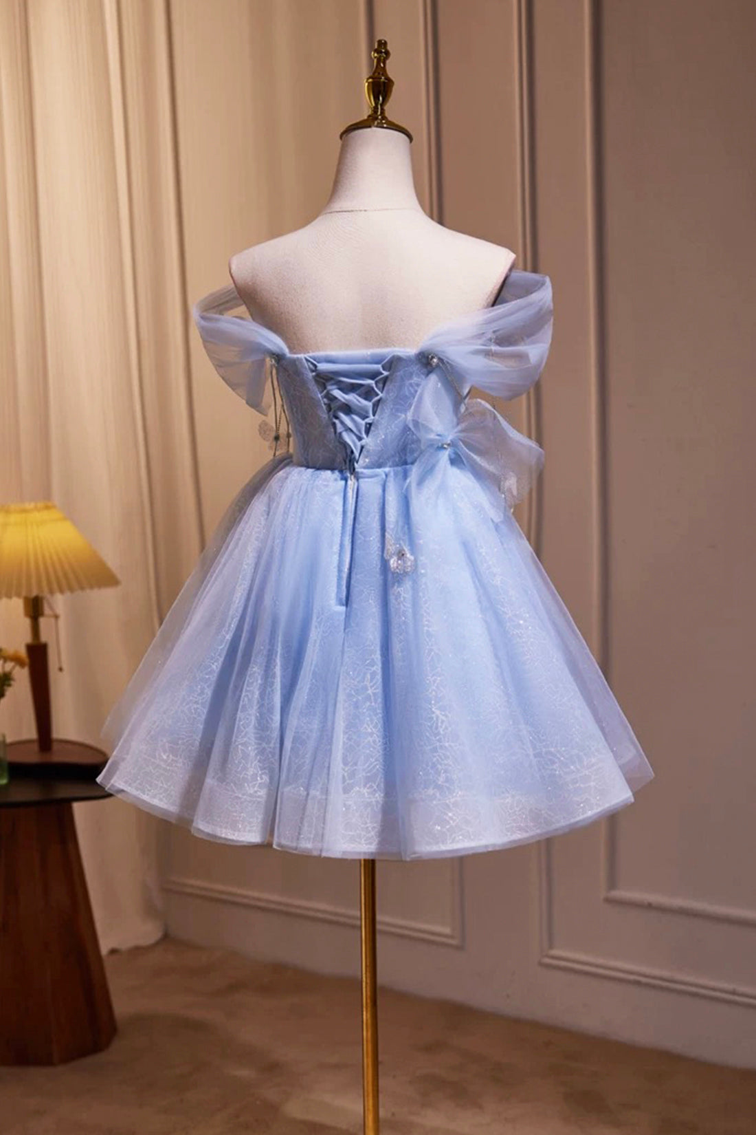 Blue Tulle Short Party Dress, Lovely A-Line Off Shoulder Prom Dress