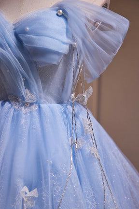 Blue Tulle Short Party Dress, Lovely A-Line Off Shoulder Prom Dress