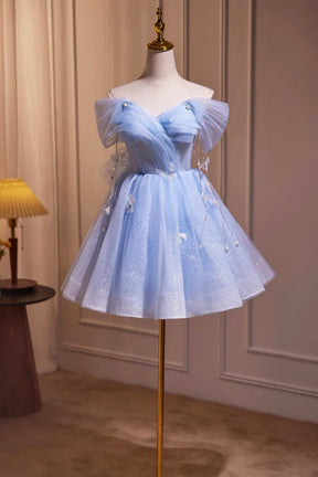 Blue Tulle Short Party Dress, Lovely A-Line Off Shoulder Prom Dress