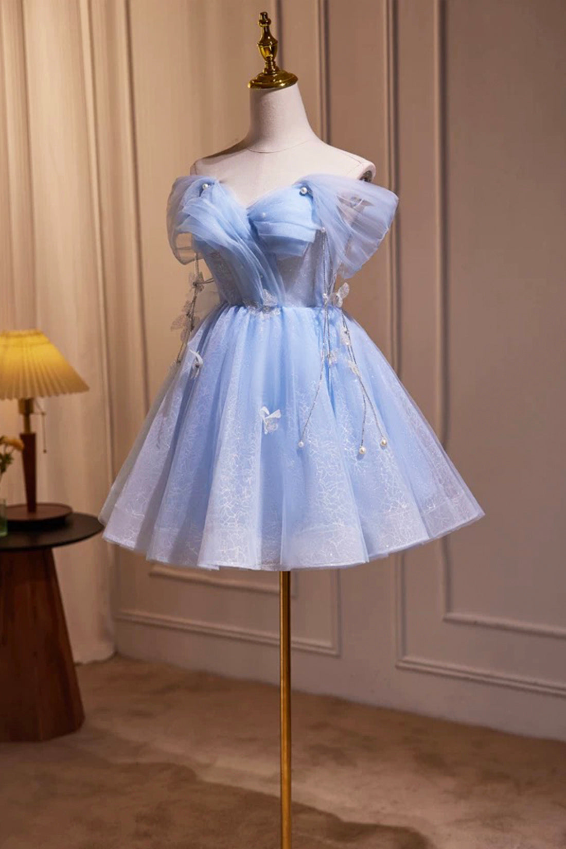 Blue Tulle Short Party Dress, Lovely A-Line Off Shoulder Prom Dress