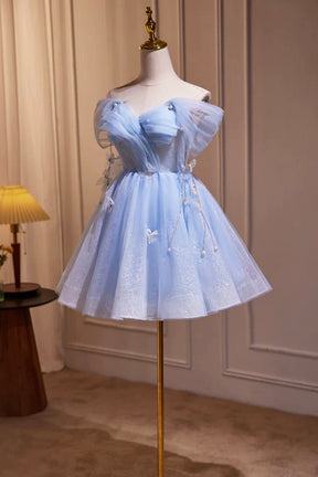 Blue Tulle Short Party Dress, Lovely A-Line Off Shoulder Prom Dress