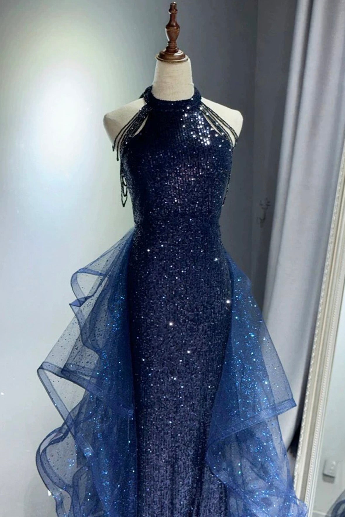 Navy Shiny Tulle Long Party Dress with Beaded, Navy Evening Party Dress