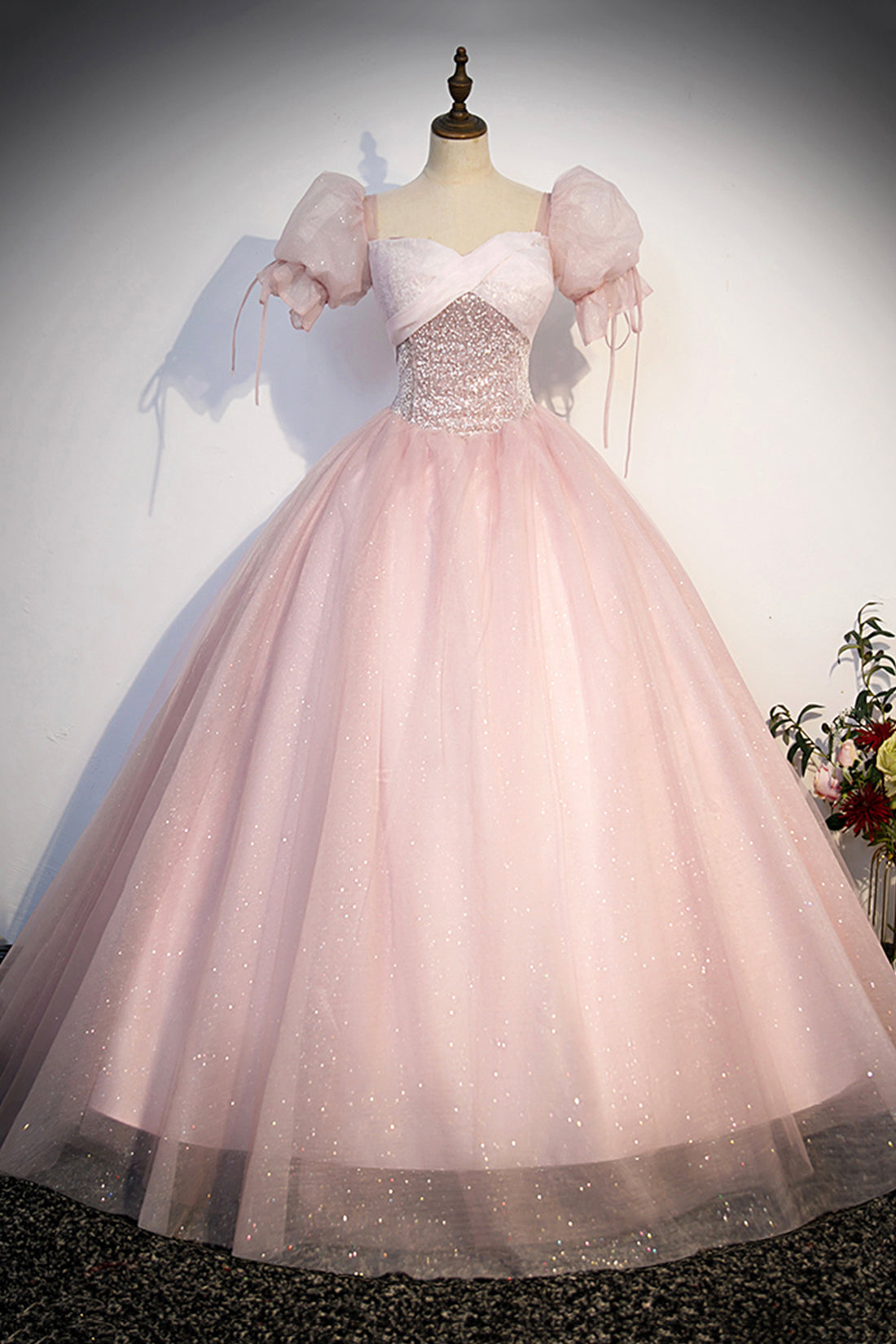Pink Tulle Sequins Long Prom Dress, Lovely A-Line Short Sleeve Evening Party Dress