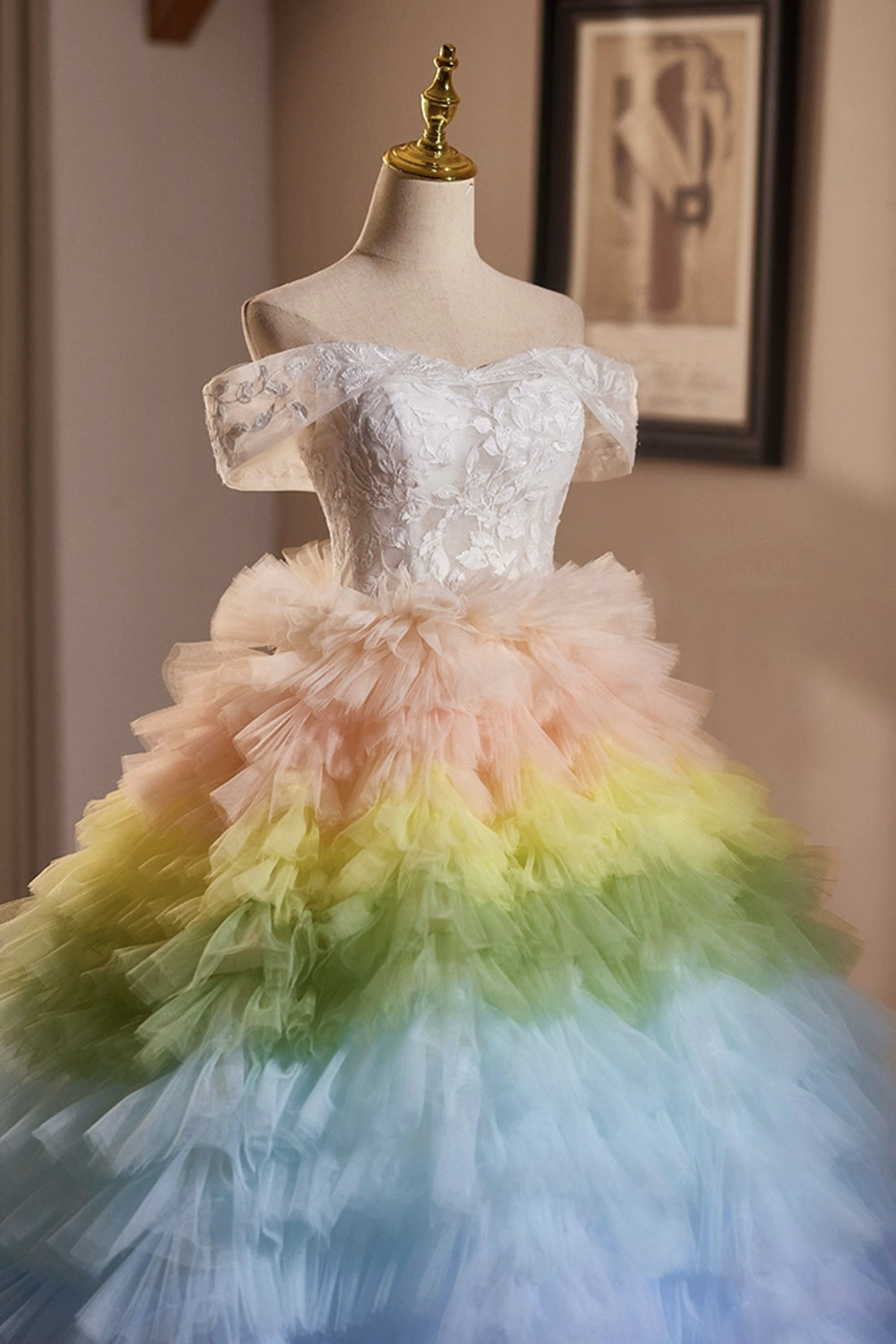 Pretty Colorful Tulle Long Prom Dress, Off the Shoulder Lace Formal Dress