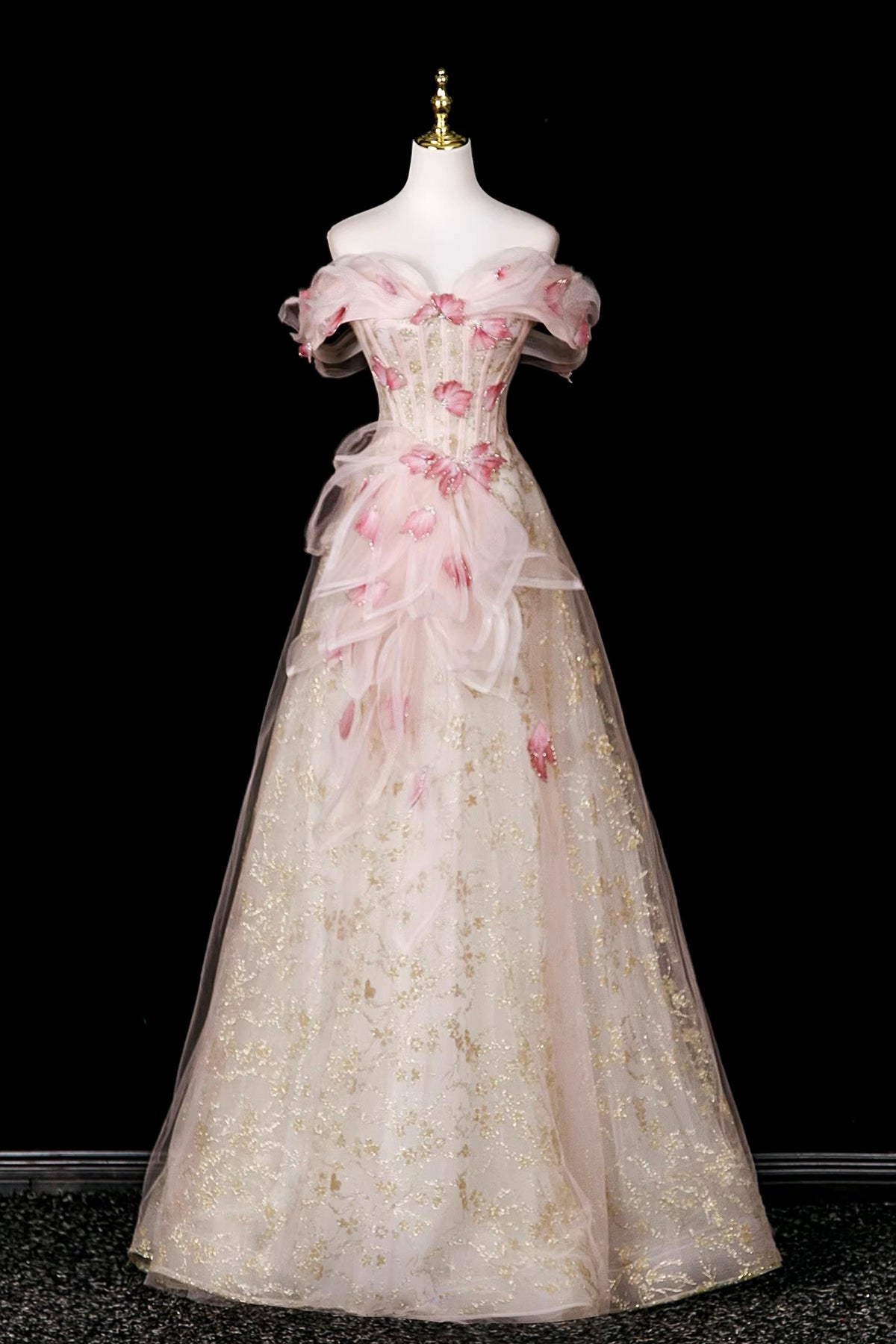 Champagne Off Shoulder Snowflake Tulle Prom Gown | Sparkling Evening Dress