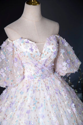 Beautiful Floral Tulle Pearl Sequins Prom Dress, A-Line Puffy Short Sleeve Evening Party Dress